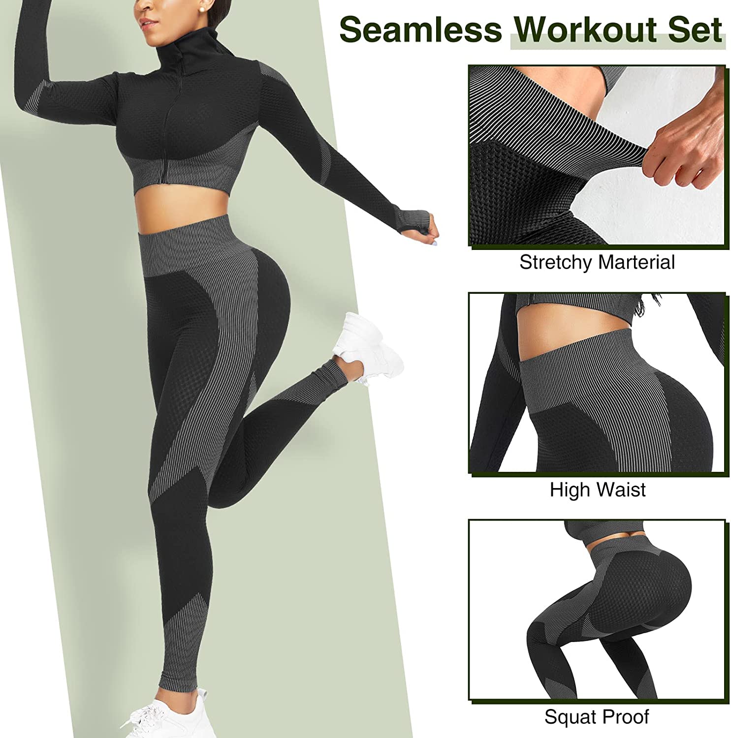  KEEPTO Workout Sets for Women 2 Piece Active Wear Outfits High  Waist Seamless Leggings and Long Sleeve Crop Top Gym Clothes Sets Black :  Clothing, Shoes & Jewelry