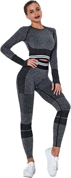 Workout Sets for Women Long Sleeve Zipper Crop Top with Tummy Control High  Waist Seamless Leggings Gym Outfits
