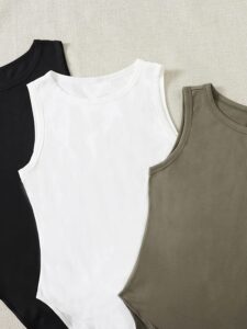 Milumia Women's 3 Pack Sleeveless Bodysuit Solid Round Neck Skinny Tank Tops Set, Multicolor