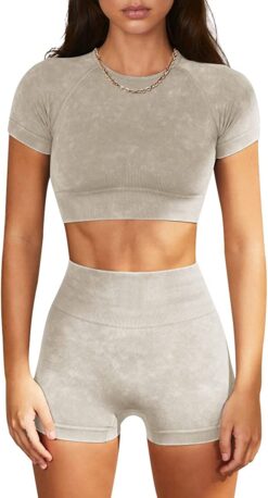 OLCHEE Womens Workout Sets 2 Piece - Seamless Acid Wash Yoga Outfits Shorts and Short Sleeve Crop Top Gym Athletic Clothes, Cream