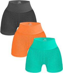 OQQ 3 Piece for Women Yoga Shorts Workout Athletic Seamless High Wasit Gym Leggings, Grey Orange Mintgreen