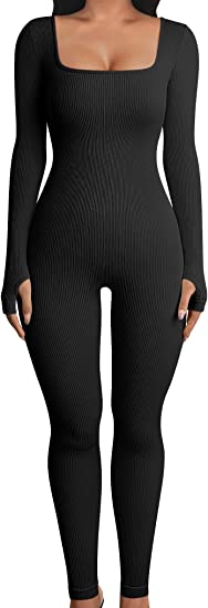 OQQ Women Yoga Jumpsuits Workout Ribbed Long Sleeve Sport