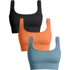 OQQ Women's 3 Piece Medium Support Tank Top Ribbed Seamless Removable Cups Workout  Exercise Sport Bra, Size M (Black Coffee Beige)
