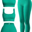 OQQ Women's 4 Piece Outfits Ribbed Exercise Scoop Neck Sports Bra One Shoulder Tops High Waist Shorts Leggings Active Set, Green