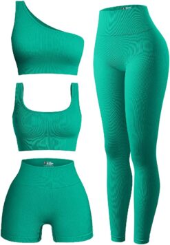 OQQ Women's 4 Piece Outfits Ribbed Exercise Scoop Neck Sports Bra One Shoulder Tops High Waist Shorts Leggings Active Set, Green