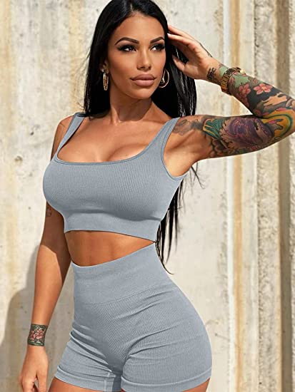 OQQ Women's 4 Piece Outfits Ribbed Seamless Exercise Scoop Neck Sports Bra  One Shoulder Tops High Waist Shorts Active Set