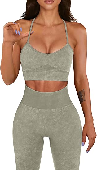 OQQ Workout Outfit for Women 2 Piece Seamless Acid Wash High Waist Leggings With Sports Bra Yoga Set