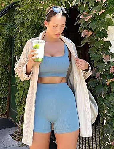 OQQ Women's Yoga 2 Piece Seamless Ribbed Workout High Waist Legging Crop  Top Exercise Set Outfit, Blue, Small