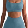 OQQ Workout Outfits for Women 2 Piece Seamless Ribbed High Waist Leggings with Sports Bra Exercise Set, Blue