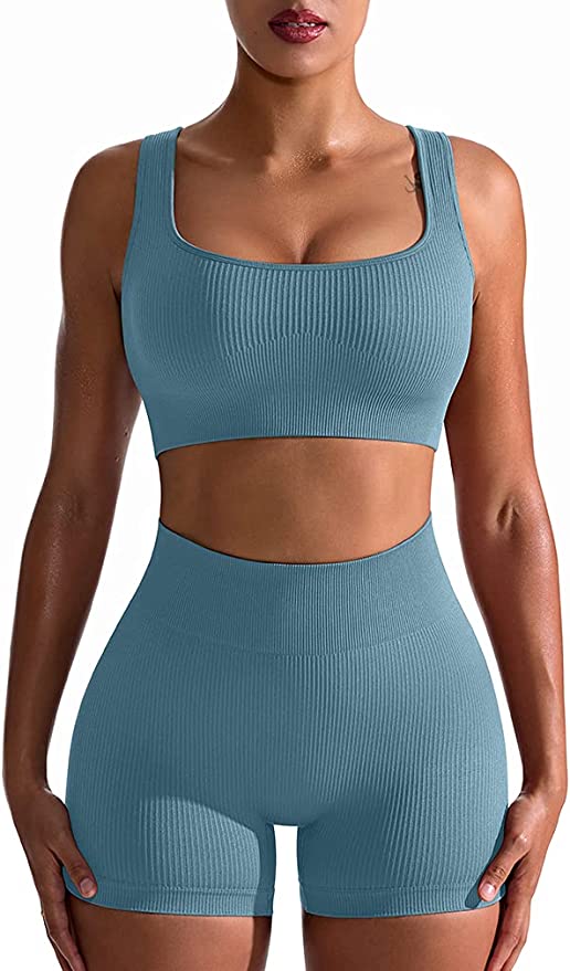 OQQ Workout Outfits for Women 2 Piece Seamless Ribbed High Waist Leggings  with Sports Bra Exercise Set Blue2, Blue, Large : : Clothing,  Shoes & Accessories