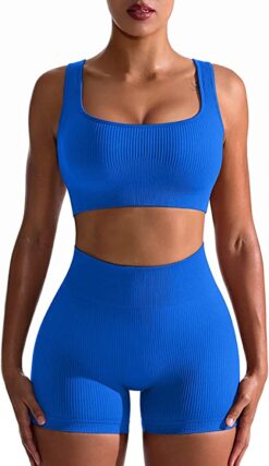 OQQ Workout Outfits for Women 2 Piece Seamless Ribbed High Waist Leggings with Sports Bra Exercise Set, Blue2