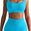 OQQ Workout Outfits for Women 2 Piece Seamless Ribbed High Waist Leggings with Sports Bra Exercise Set, Brightblue