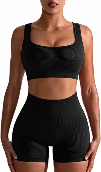 OQQ Workout Outfits for Women 2 Piece Seamless Ribbed High Waist Leggings with Sports Bra Exercise Set, Small, Black