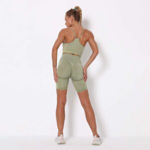 PDGJG Knitted Seamless Yoga Suit Summer Shorts Gym Workout Running Push-up Fitness Bra High Waist Shorts Halter Leggings Set, Green4