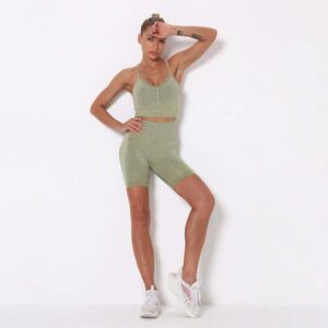PDGJG Knitted Seamless Yoga Suit Summer Shorts Gym Workout Running Push-up Fitness Bra High Waist Shorts Halter Leggings Set, Green4