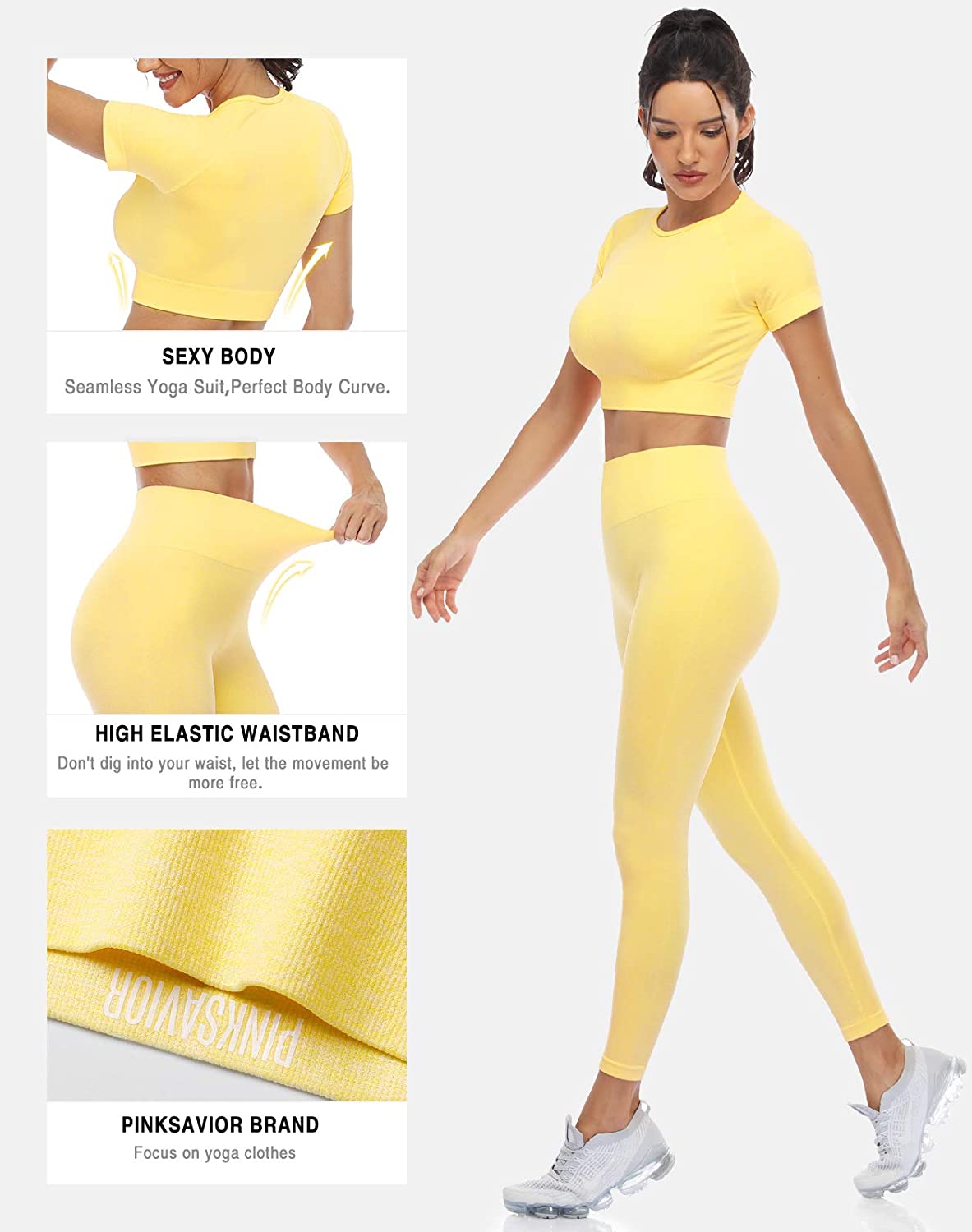 PINKSAVIOR Women's Two Piece Outfits Yoga Pants Set Seamless High Waist  Leggings and Quick-Dry Yoga Crop Tops Athletic Sports Set, Yellow