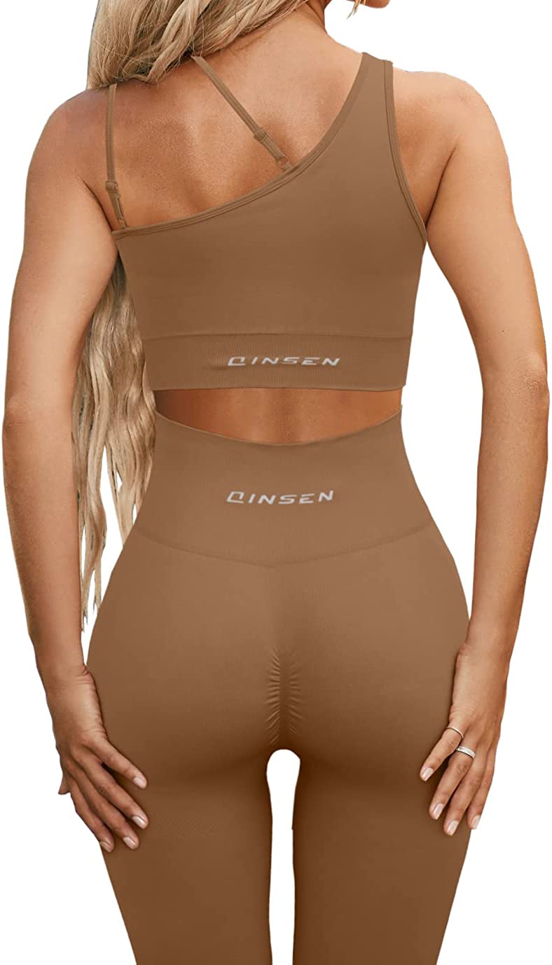 QINSEN Workout Sets for Women Seamless Sports Crop Tops High Waisted  Leggings Two Piece Outfits 