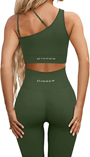 QINSEN Seamless Workout Outfits for Women 2 Piece Ribbed Long Sleeve Crop  Top Tummy Control Leggings Sets, Light Orange, S : : Fashion