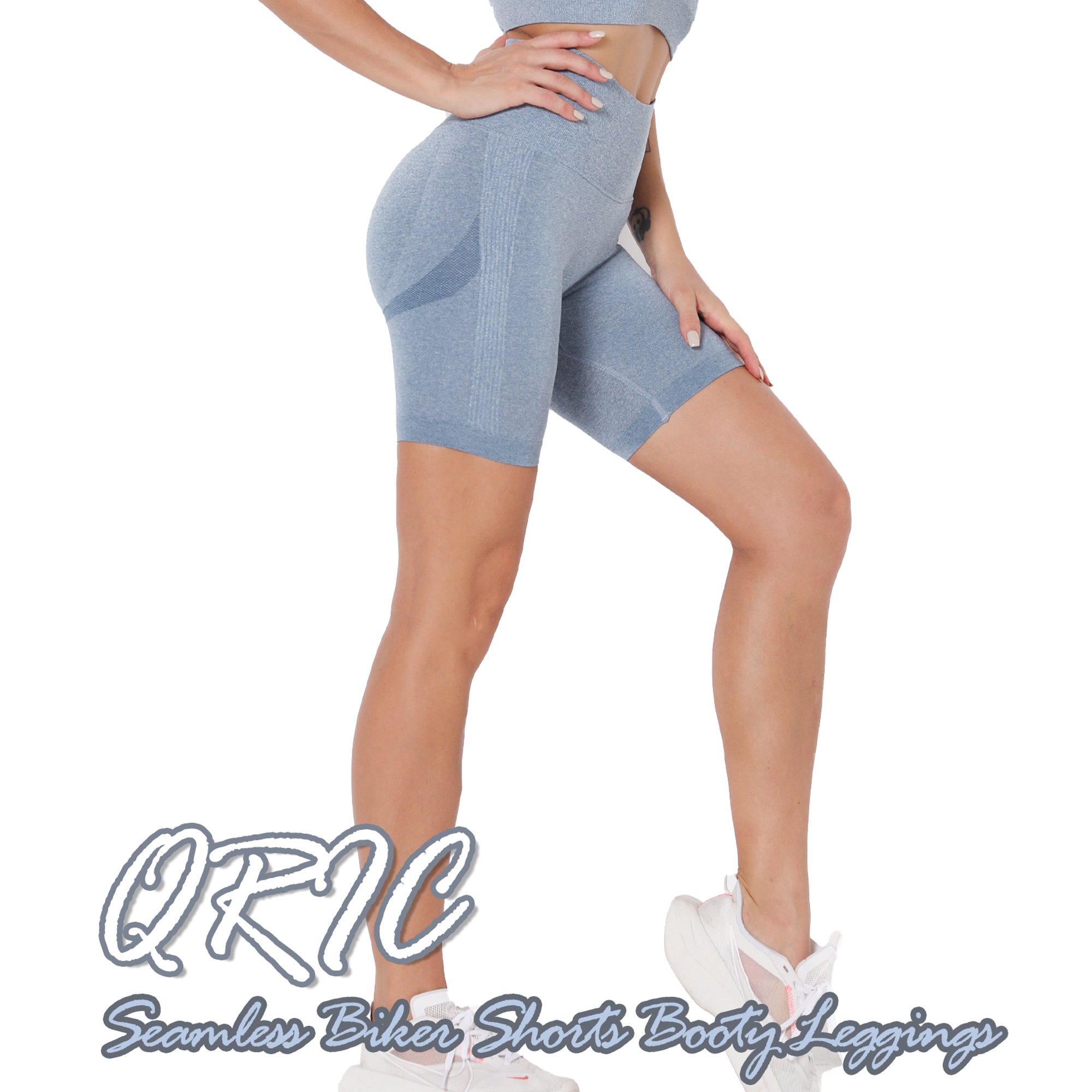 QRIC High Waisted Seamless Biker Shorts for Women Tummy Control Leggings  Butt Lifting Streamline Contour Gym Workout Yoga Shorts, Blue