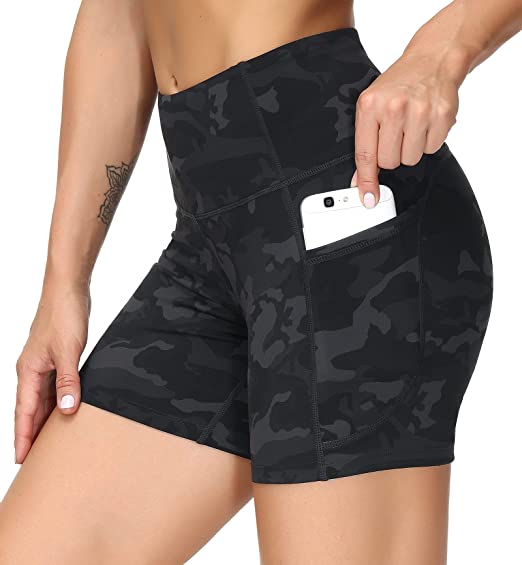 THE GYM PEOPLE High Waist Yoga Shorts for Women's Tummy Control Fitness Athletic  Workout Running Shorts with Deep Pockets, Black Camo