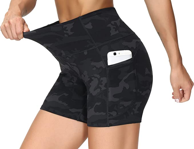 THE GYM PEOPLE High Waist Yoga Shorts for Women's Tummy Control Fitness  Athletic Workout Running Shorts with Deep Pockets, Black Camo 