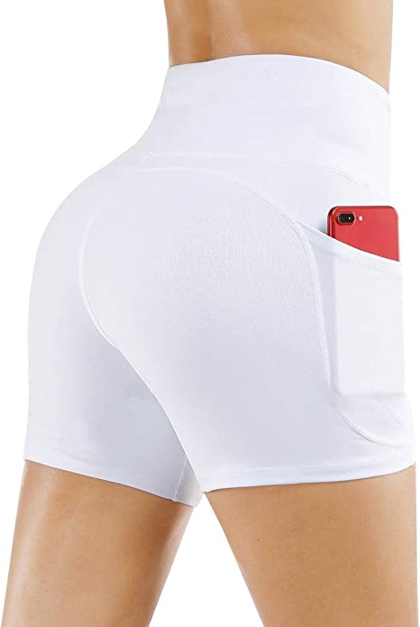 THE GYM PEOPLE High Waist Yoga Shorts for Women's Tummy Control Fitness  Athletic Workout Running Shorts with Deep Pockets, White
