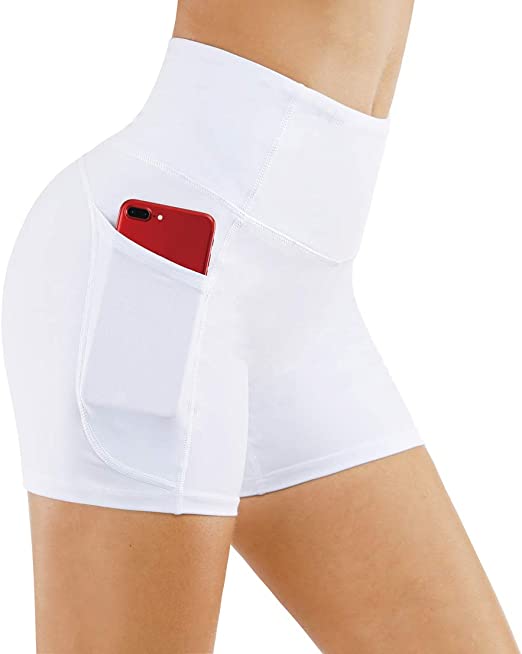 THE GYM PEOPLE High Waist Yoga Shorts for Women's Tummy Control Fitness Athletic  Workout Running Shorts with Deep Pockets, White
