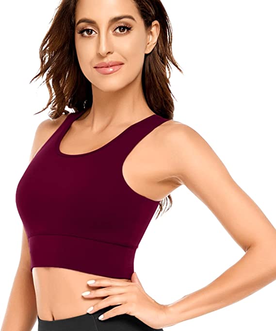 Longline Sports Bra for Women,Spaghetti Straps Padded Crop Tank Top with  Built in Bra Medium Impact Workout Yoga Gym Tops