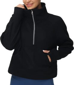Women's Half Zip Pullover Sweatshirt Fleece Stand Collar Crop Sweatshirt with Pockets Thumb Hole, Black