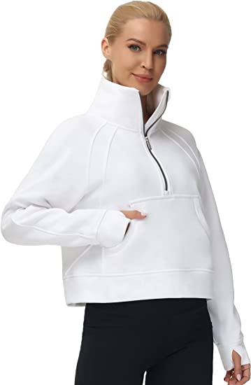 Women's Half Zip Pullover Sweatshirt Fleece Stand Collar Crop Sweatshirt  with Pockets Thumb Hole, White