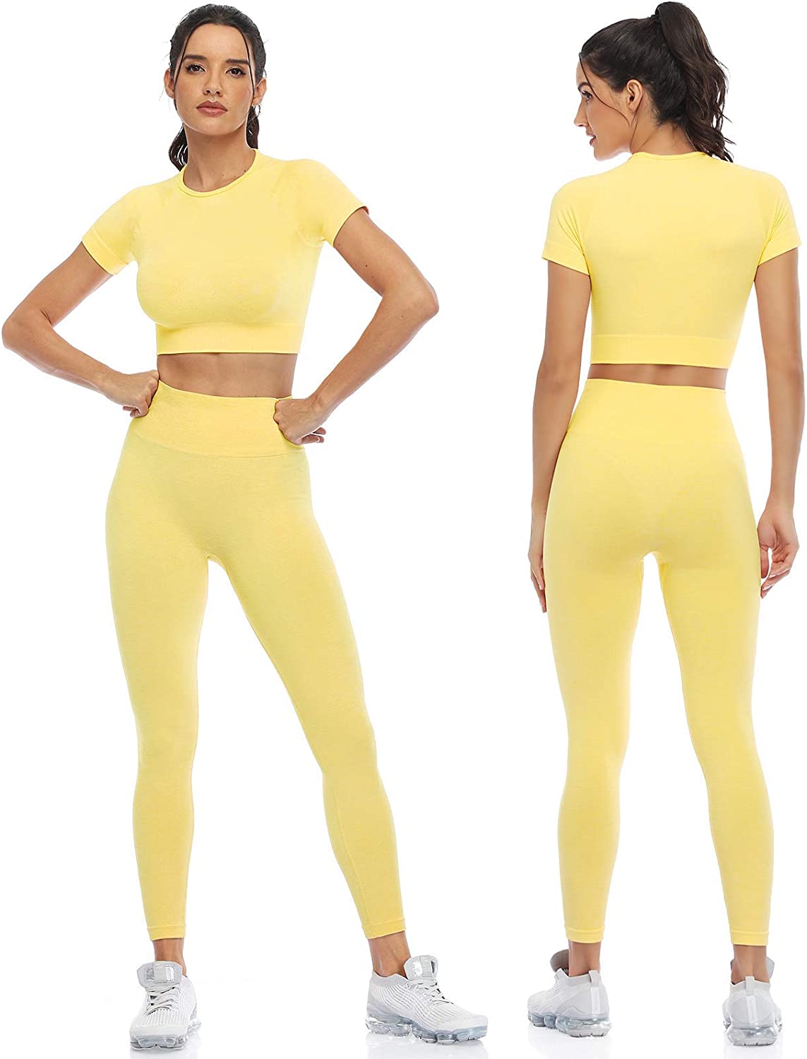 PINKSAVIOR Women's Two Piece Outfits Yoga Pants Set Seamless High Waist  Leggings and Quick-Dry Yoga Crop Tops Athletic Sports Set, Yellow