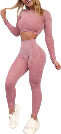 Women Workout Sets 2 Pieces Long Sleeve Yoga Outfits Seamless Ribbed Gym  Clothes