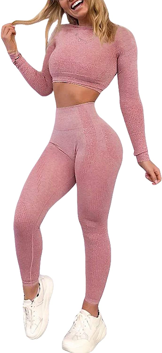 Women's Seamless Pink Workout Outfit with Long Sleeve and Legging - Shop Now