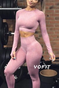 YOFIT Women's Workout Outfit 2 Pieces Seamless High Waist Yoga Leggings with Long Sleeve Crop Top Gym Clothes Set, Pink