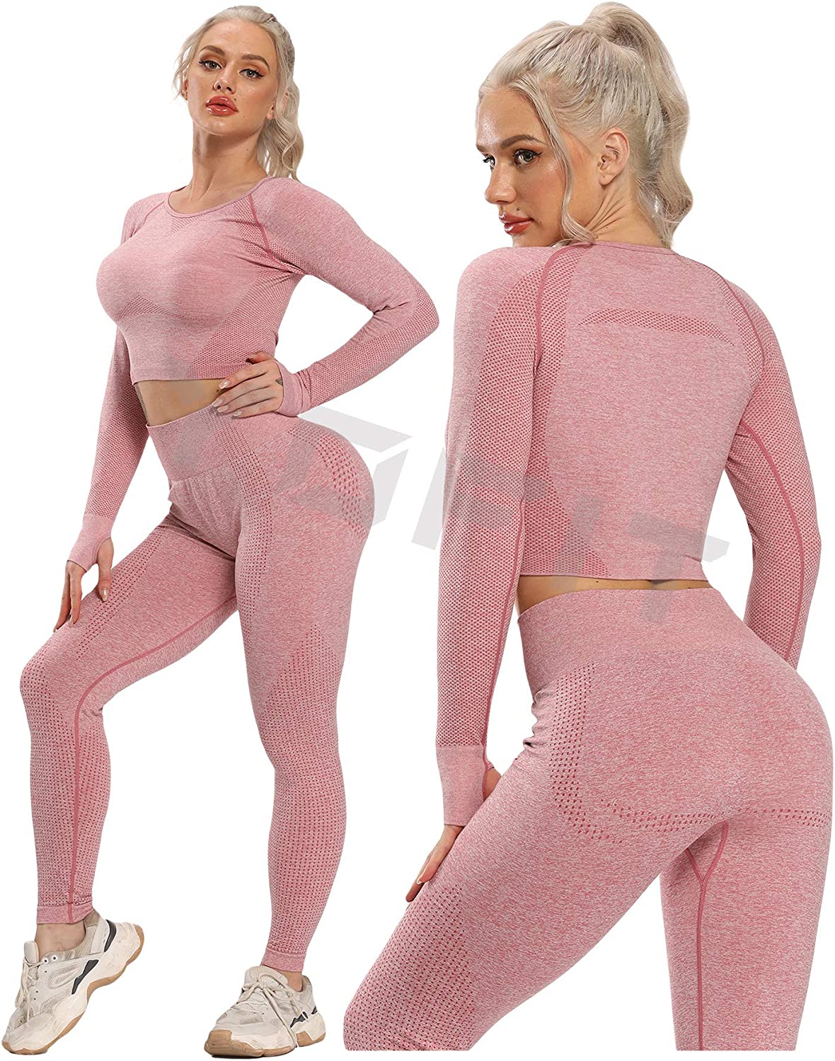 Women's Two Piece Cropped Jogging Suit - Long Sleeves / Cuffed Pants / Pink