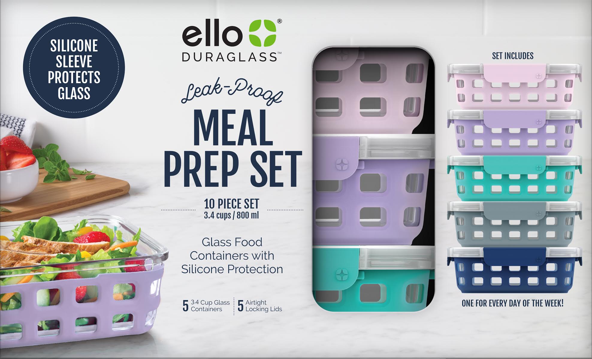 Ello 5-Cup 40 Fluid Ounce Duraglass Glass Food Storage Meal Prep Container Bakeware - Blue - Each