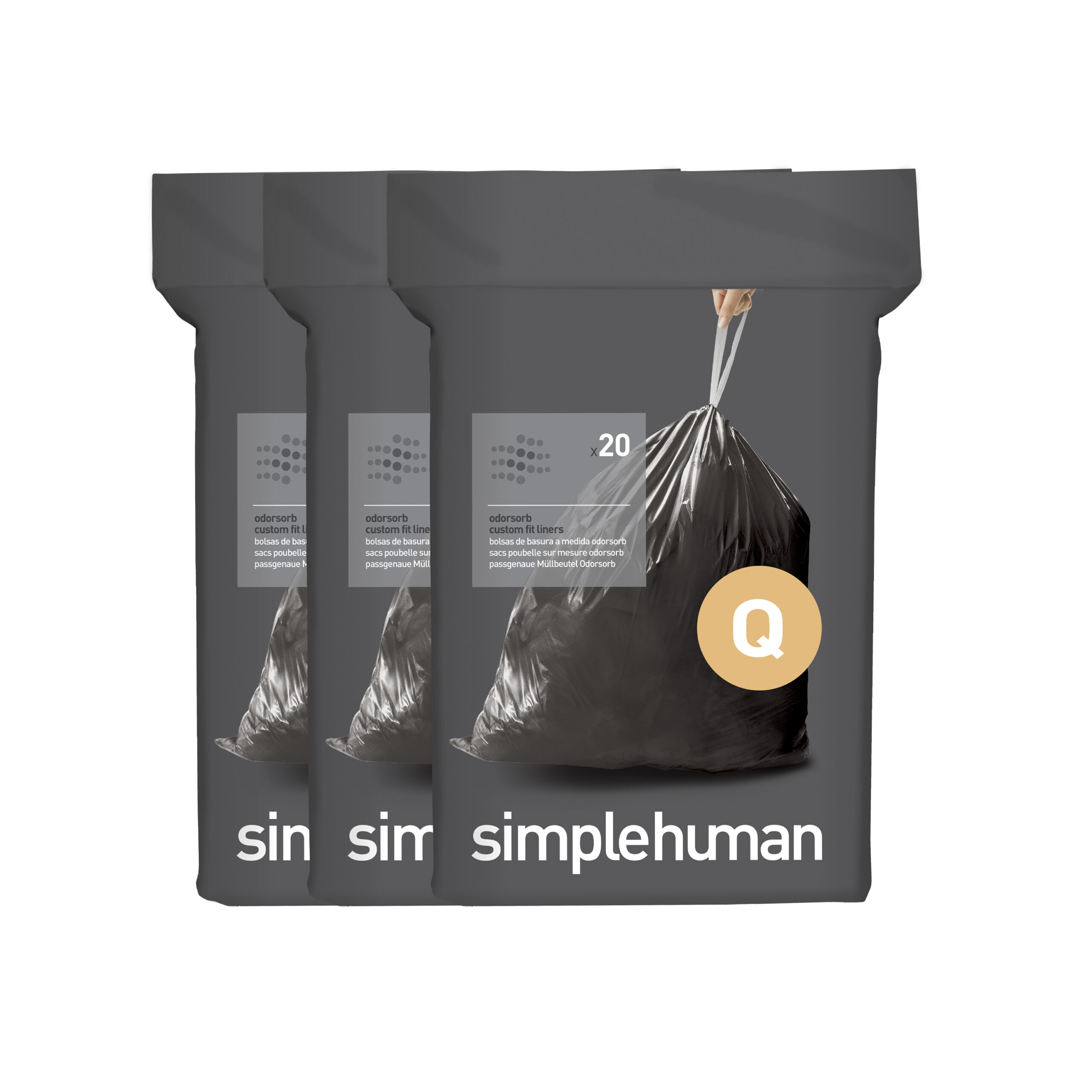 simplehuman Code Q Custom Fit Trash Can Liner, 3 refill packs (60 Count),  50-65 Liter / 13-17 Gallon