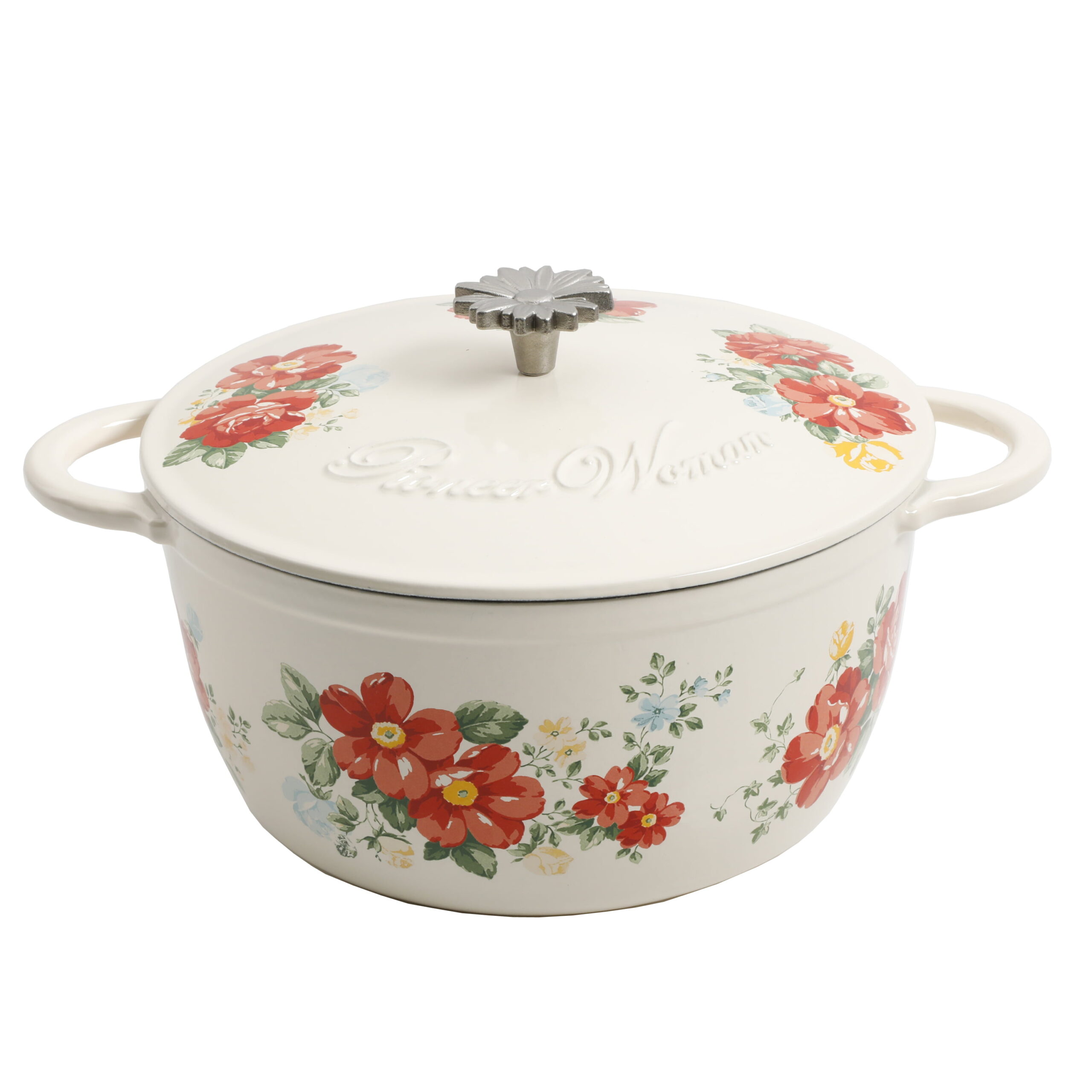 The Pioneer Woman Floral Enamel on Cast Iron 2-Quart Dutch Oven with Lid,  Linen