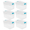 Sterilite 64 Quart Clear Plastic Storage Bin with White Latch Lid, 6 Pack