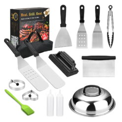 Hosaud BBQ Grill Tool Set, Stainless Steel Grip Barbecue Accessories for Outdoor Camping, Flat Top Griddle Accessories Kit with Spatula, Basting Cover, Scraper, Bottle, Tongs, Egg Rings & Carry Bag