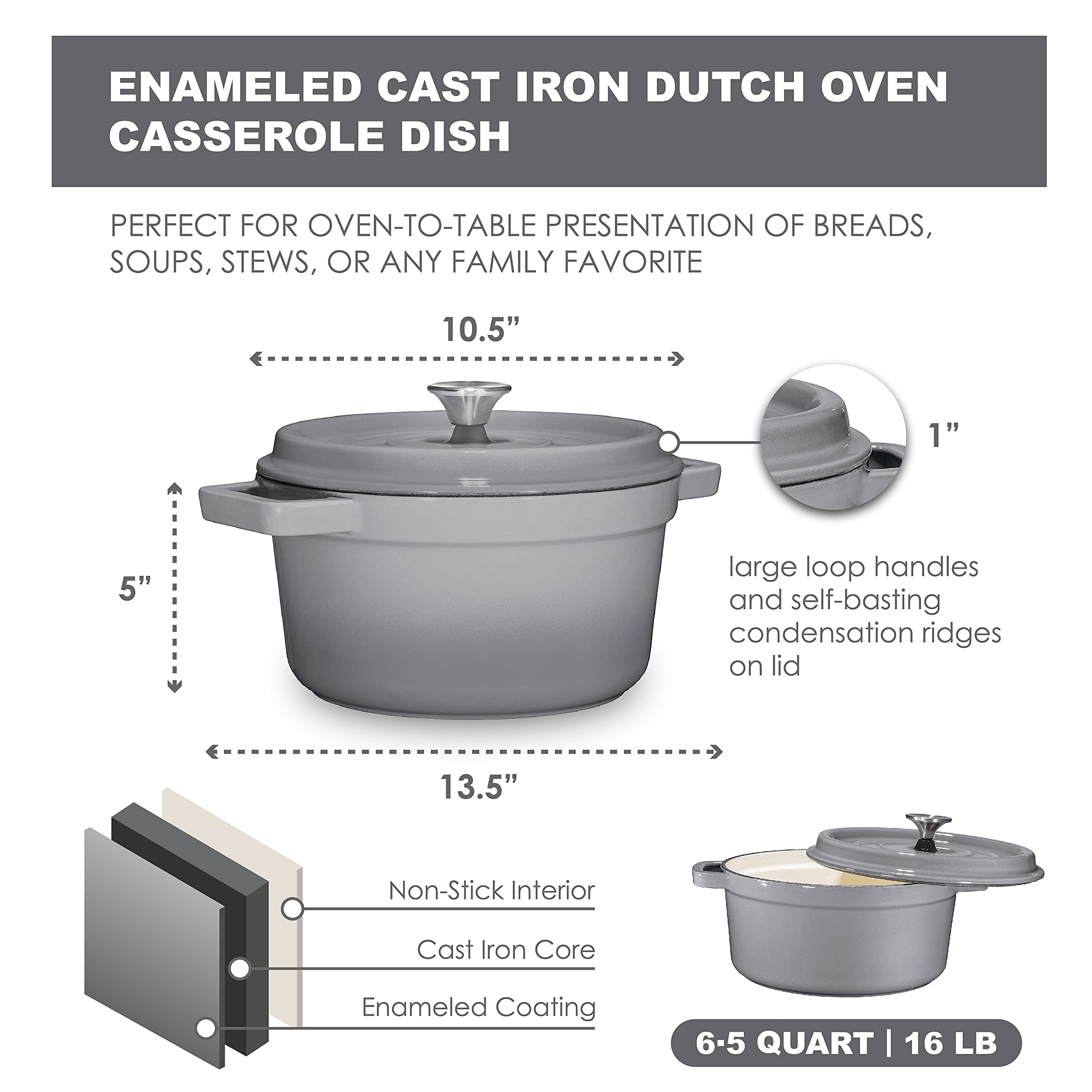 Bruntmor 4 Quarts Non-Stick Cast Iron Dutch Oven