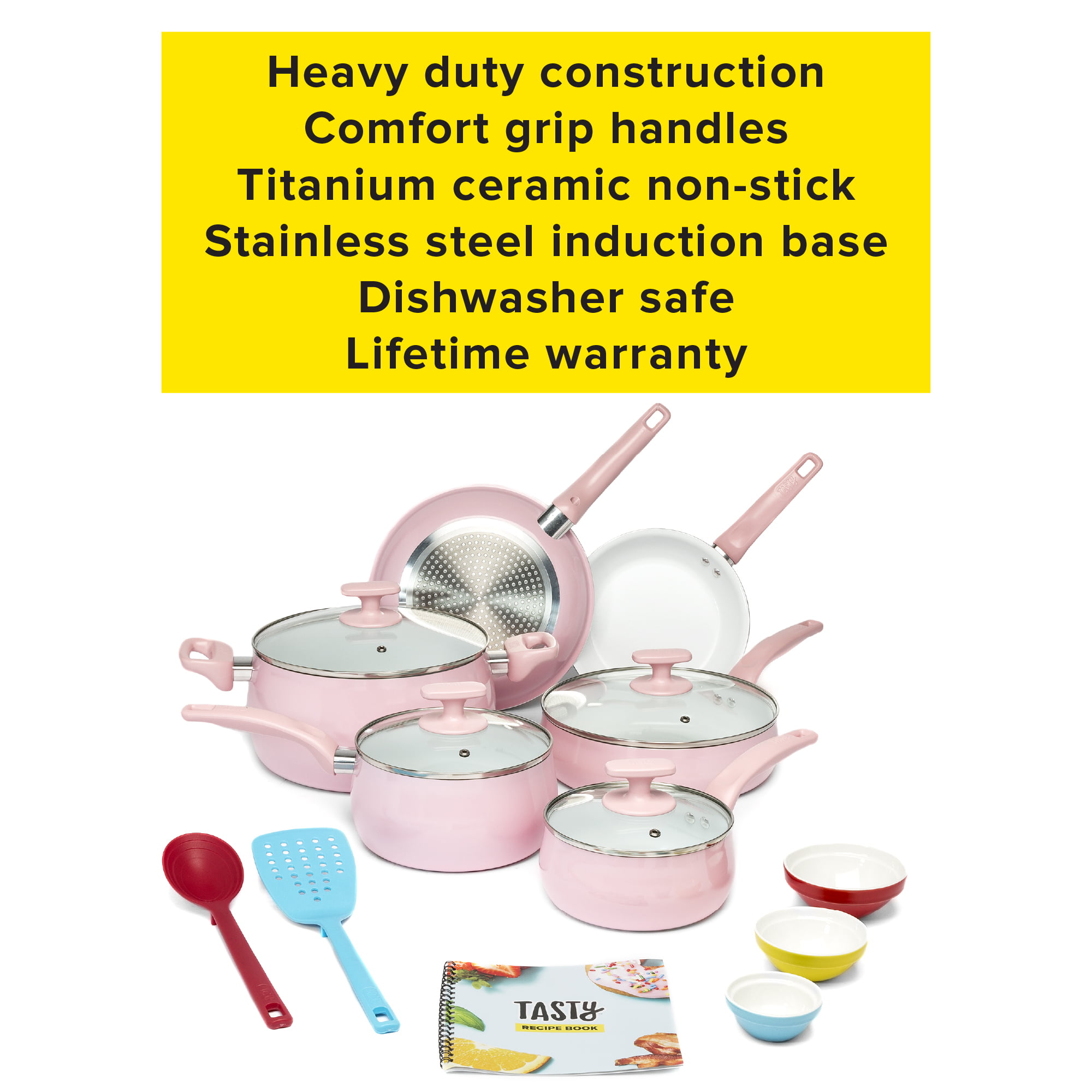 Tasty Clean Ceramic 16 Piece Non-Stick Aluminum Cookware Set, Pink