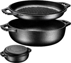 Bruntmor | 2-In-1 Pre-Seasoned Cast Iron Cocotte Double Braiser Pan With Grill