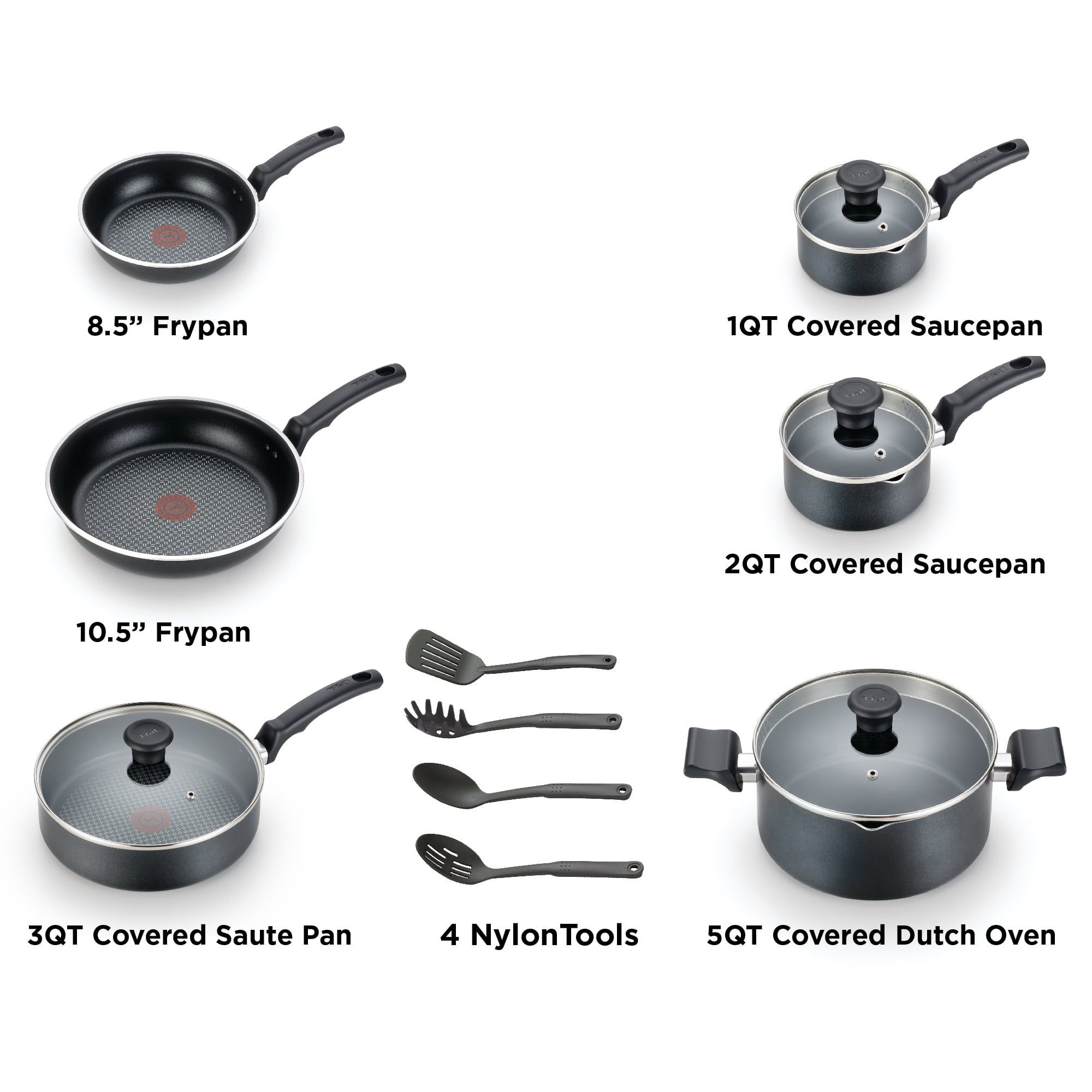 T-fal Cook & Strain Nonstick Cookware Set, 14 piece Set, Black, Dishwasher  Safe