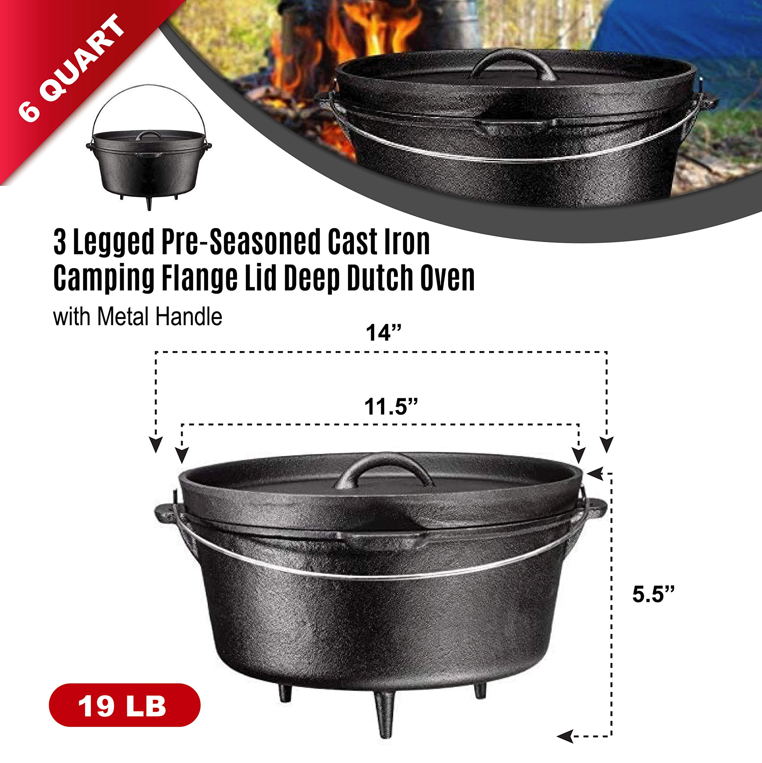 Bruntmor Pre-Seasoned Cast Iron Dutch Oven with Flanged Lid Cover, Camping  Camp