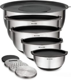Belwares Mixing Bowls with Lids Set – Stainless Steel Mixing Bowl Set Including Airtight Lids and Graters – Stainless Steel Bowls that Nest – 5 Non-Slip Metal Bowls for Kitchen with Pour Spouts