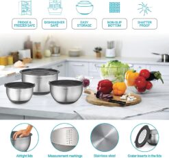 Belwares Mixing Bowls with Lids Set – Stainless Steel Mixing Bowl Set Including Airtight Lids and Graters – Stainless Steel Bowls that Nest – 5 Non-Slip Metal Bowls for Kitchen with Pour Spouts