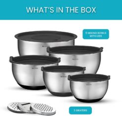 Belwares Mixing Bowls with Lids Set – Stainless Steel Mixing Bowl Set Including Airtight Lids and Graters – Stainless Steel Bowls that Nest – 5 Non-Slip Metal Bowls for Kitchen with Pour Spouts