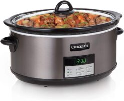 Crock-Pot 8 Quart Slow Cooker with Auto Warm Setting and Cookbook, Black Stainless Steel