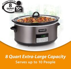 Crock-Pot 8 Quart Slow Cooker with Auto Warm Setting and Cookbook, Black Stainless Steel